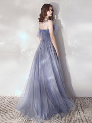 Blue A-Line Tulle Long Prom Dresses, Blue Formal Graduation Dresses