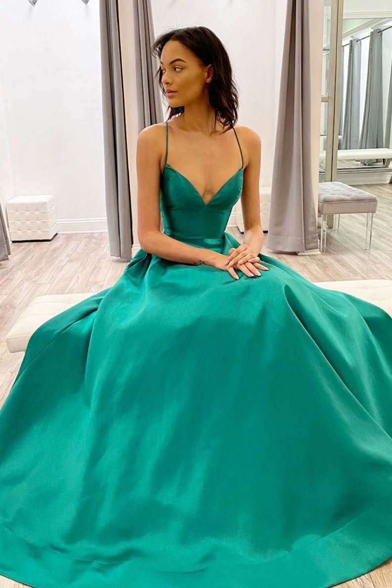 Simple green satin long prom dress green evening dress