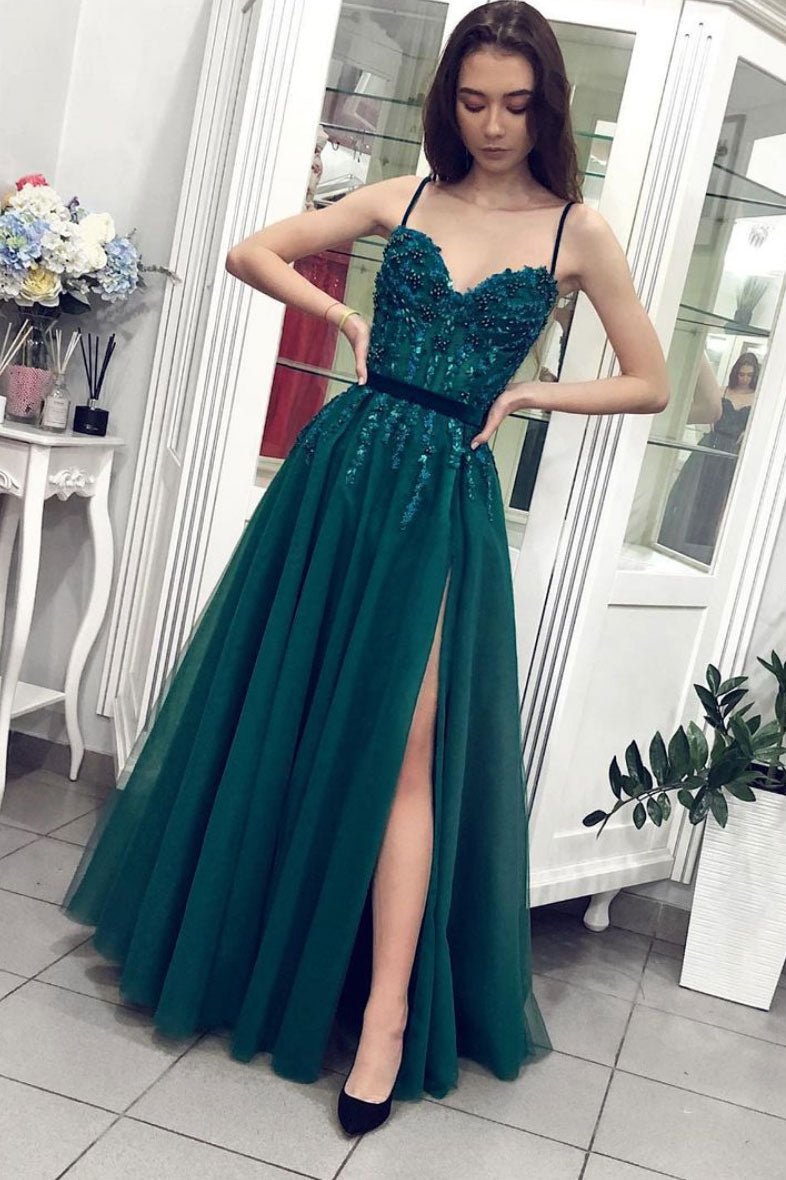 Green sweetheart neck tulle lace long prom dress green evening dress
