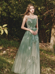 Green tulle lace long prom dress, green tulle formal dress