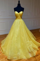 Yellow tulle sweetheart long prom dress yellow formal dress