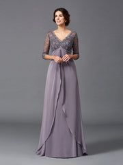 A-Line/Princess V-neck Lace 3/4 Sleeves Long Chiffon Mother of the Bride Dresses