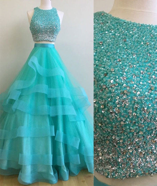 Green two pieces sequin long prom gown, green evening dress