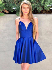 Blue v neck satin short prom dress, blue homecoming dress