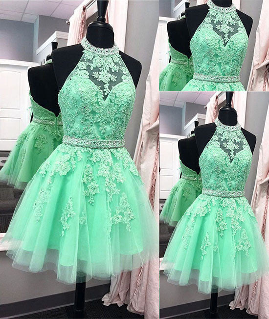 Green lace short prom dress, green homecoming dress