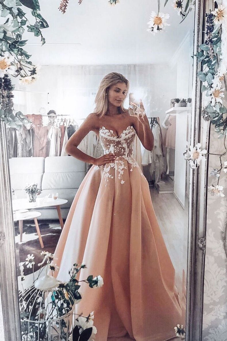 Champagne pink sweetheart tulle lace long prom dress lace evening dress