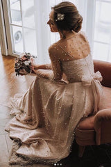 Champagne round neck tulle beads long prom dress