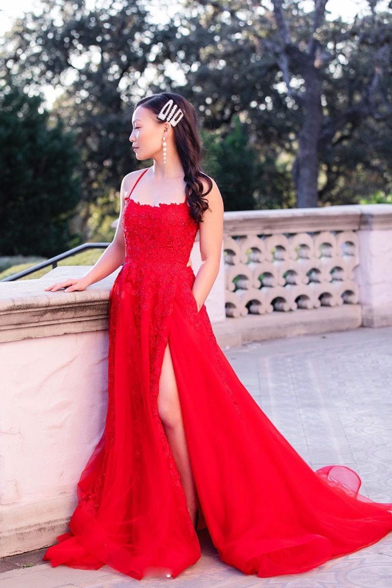Red tulle lace long prom dress backless lace long evening dress
