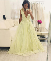Yellow a-line v neck lace long prom dress, yellow evening dress