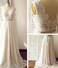 White A-line v neck chiffon lace long prom dress, bridesmaid dress