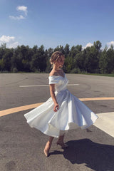 White off shoulder tea length prom dress white bridesmaid dress