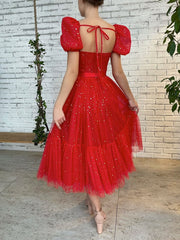 Red tulle tea length prom dress, red evening dress