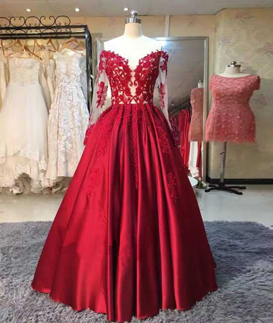 Red long sleeves lace long prom dress, red evening dress