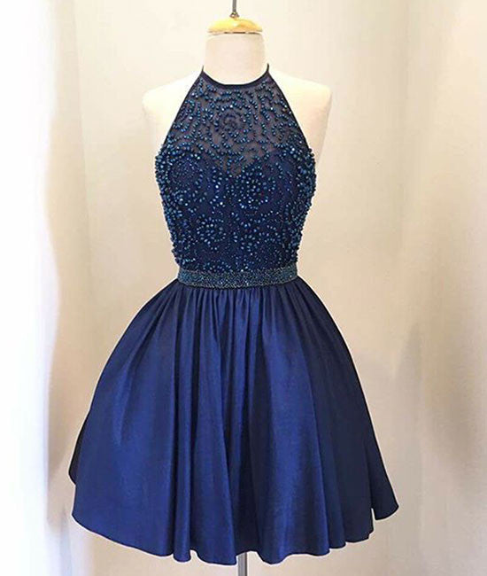 Dark blue beaded Short Prom Dress, Homecoming Dress