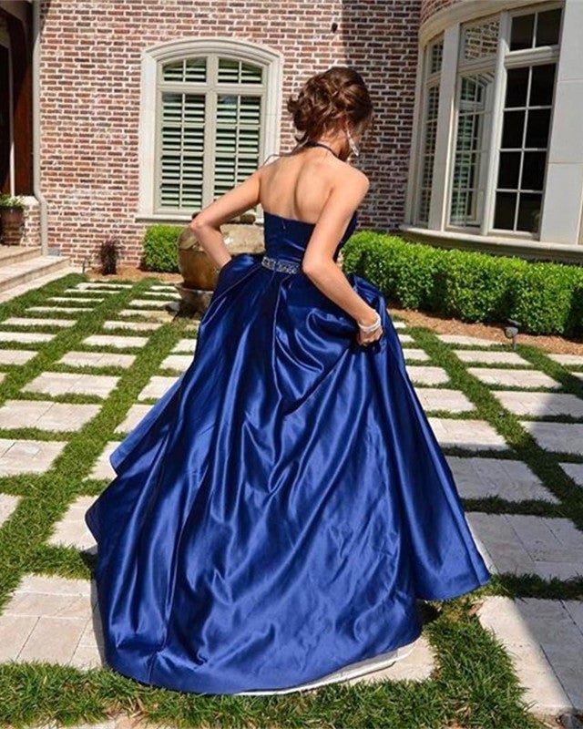 halter long satin ball gowns prom dresses open back
