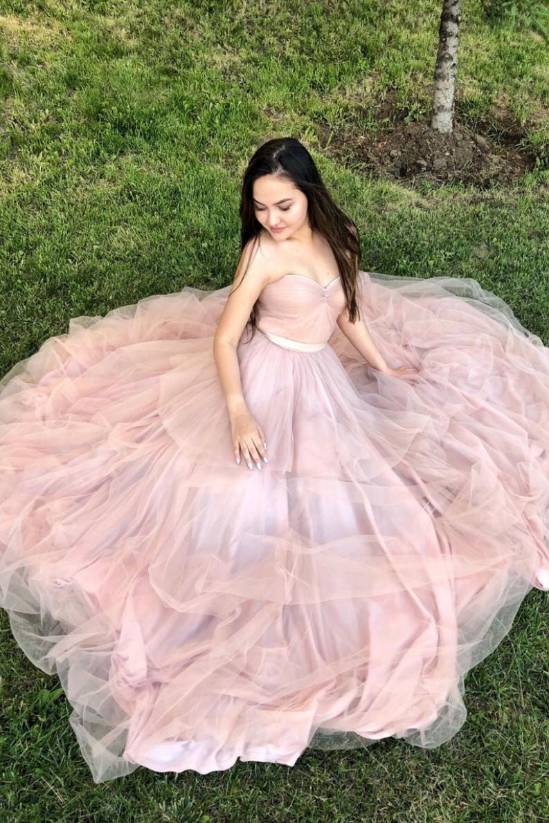 Pink A-line sweetheart tulle long prom dress pink evening dress