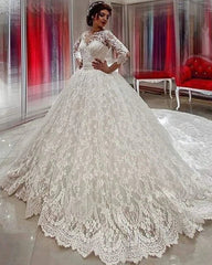 Modest 3/4 Sleeves Ball Gowns Lace Wedding Dresses