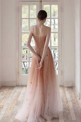 Pink tulle sequin beads long prom dress pink tulle formal dress