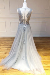 Gray round neck tulle lace long prom dress gray lace evening dress