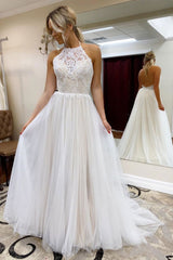 White high neck tulle lace long prom dress evening dress