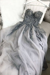 Gray sweetheart tulle lace long prom dress gray tulle formal dress