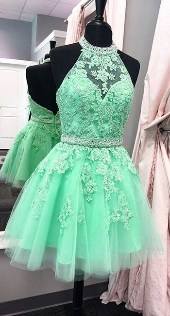 Green lace short prom dress, green homecoming dress