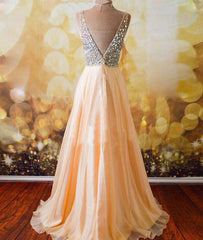 Champagne A-line  v neck Chiffon Long Prom Dress, Formal Dresses