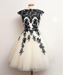 Unique lace tulle short prom dress, lace bridesmaid dress