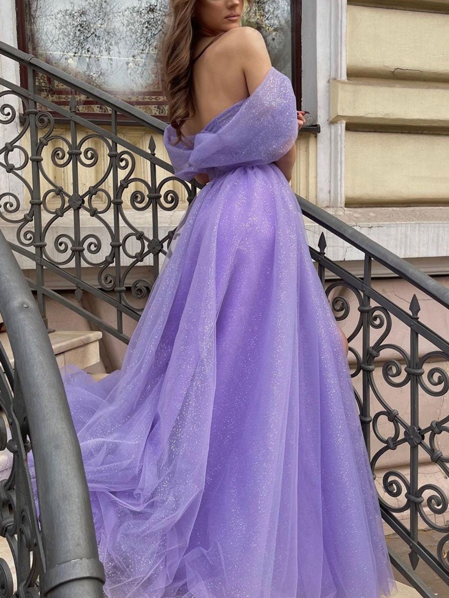 Purple tulle A line long prom dress, purple tulle evening dress