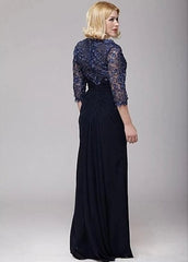 Navy Blue Mother Of The Bride Dresses A-line V-neck 3/4 Sleeves Chiffon Lace Beaded Groom Long Mother Dresses For Wedding