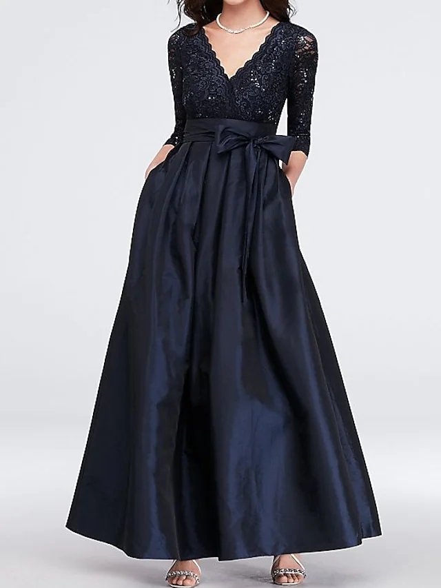 A-Line Mother of the Bride Dress Elegant V Neck Floor Length Lace Satin 3/4 Length Sleeve with Sash / Ribbon Pleats