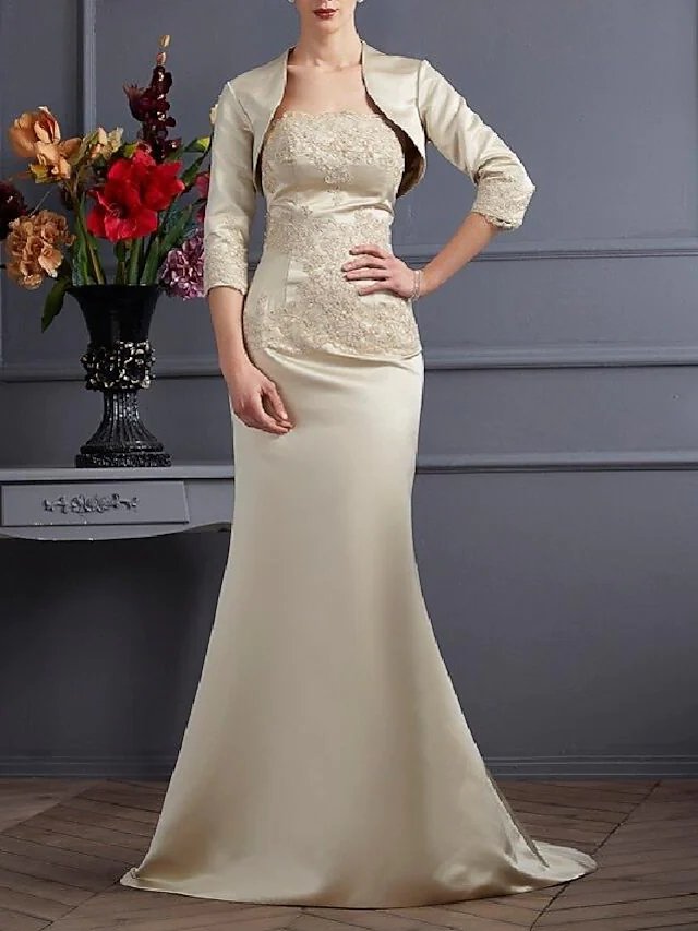 Two Piece Mermaid / Trumpet Mother of the Bride Dress Wrap Included Strapless Sweep / Brush Train Satin 3/4 Length Sleeve with Lace