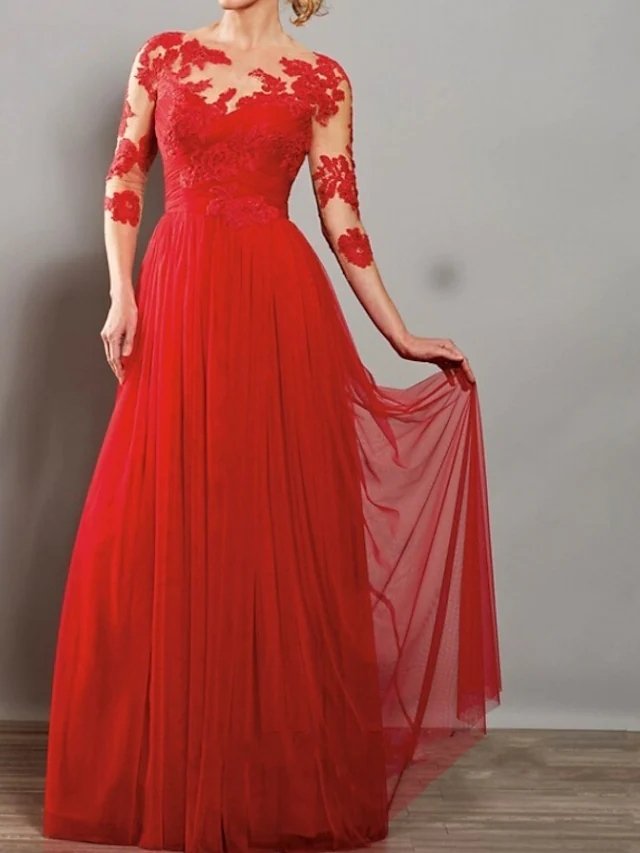 A-Line Mother of the Bride Dress Elegant Illusion Neck Floor Length Lace Tulle 3/4 Length Sleeve with Pleats Appliques