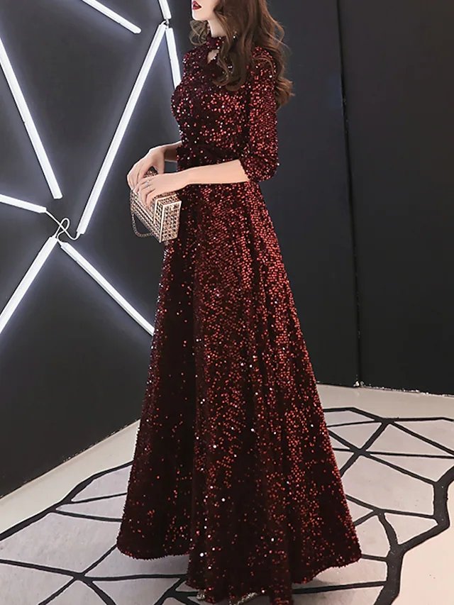 A-Line Minimalist Sparkle Prom Formal Evening Dress Jewel Neck 3/4 Length Sleeve Floor Length Sequined with Sequin Solid