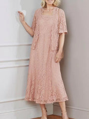 Two Piece Sheath / Column Mother of the Bride Dress Elegant Square Neck Ankle Length Lace Half Sleeve with Pleats Embroidery