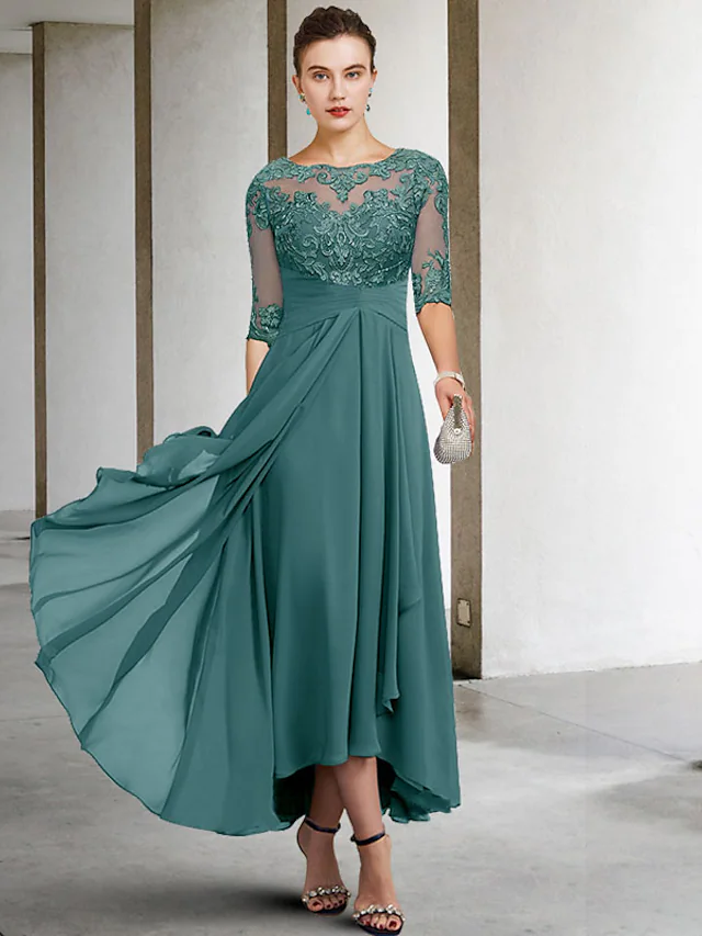 A-Line Mother of the Bride Dress Plus Size Elegant High Low V Neck Asymmetrical Ankle Length Chiffon Lace Half Sleeve