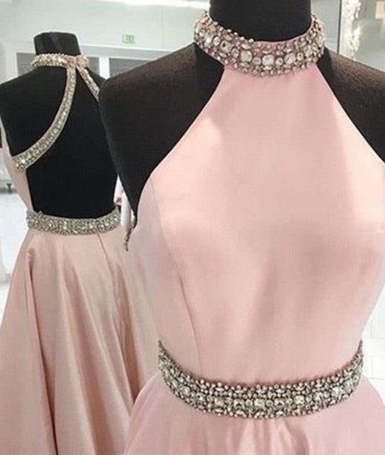 Pink high neck long prom dress, pink backless evening dress