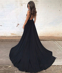 Black v neck chiffon long prom dress, black evening dress