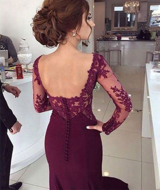 Custom Made Long Maroon Lace Prom Dresses, Formal Dresses