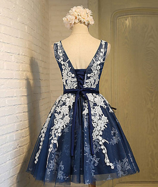 Cute round neck lace tulle dark blue short prom dress, bridesmaid dress