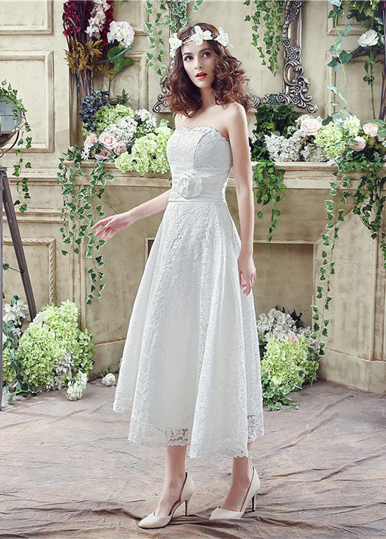 Lace Strapless A-line Tea-length Wedding Dresses With Handmade Flower