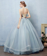 Unique round neck tulle applique long prom dress, blue evening dress
