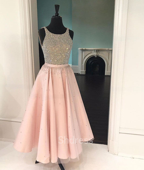 Cute pink sequin tea-long prom dress, pink sequin formal dress for teens