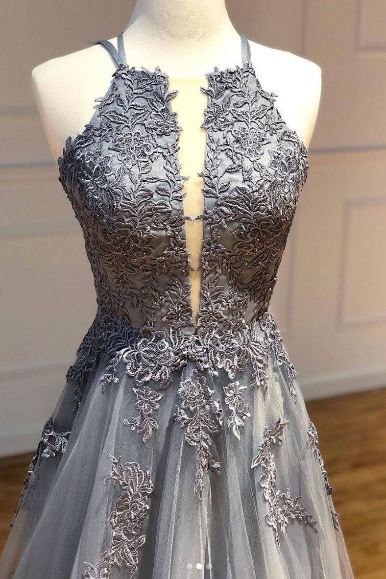 Gray tulle lace long prom dress gray tulle lace formal dress