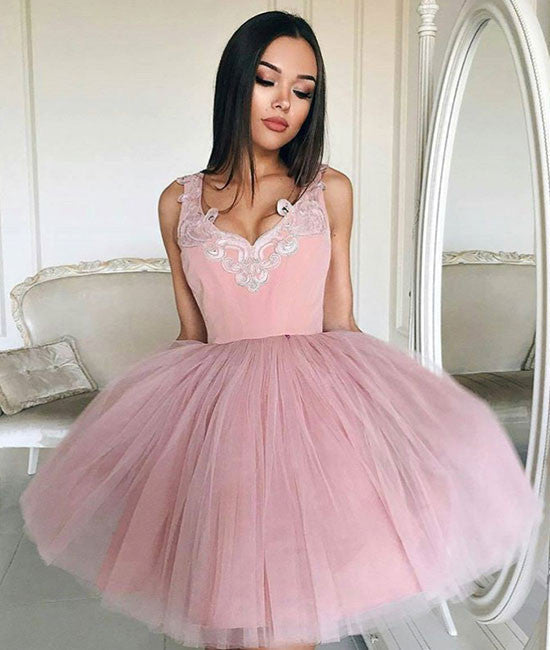 Cute v neck tulle pink short prom dress, pink homecoming dress