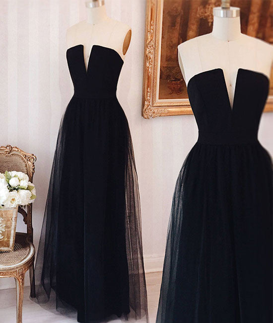 Simple tulle black long prom dress, black formal dress