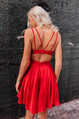 Red v neck satin short prom dress red homecoming dress