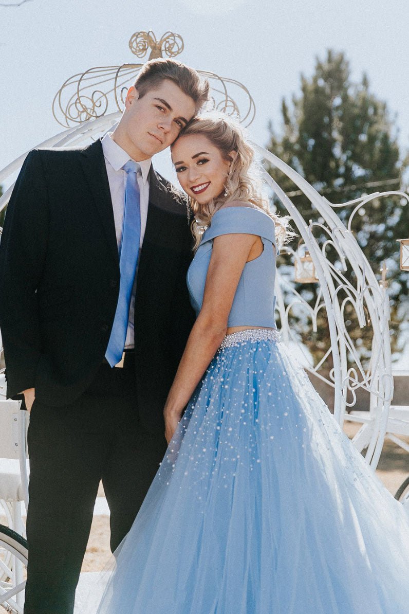 Blue tulle two pieces long prom dress blue formal dress