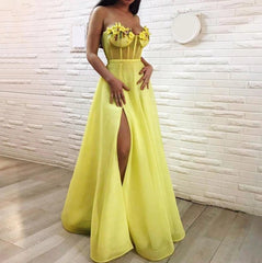 Yellow Muslim Evening Dresses A-line Sweetheart Tulle Flowers Slit Islamic Dubai Saudi Arabic Long Formal Evening Gown