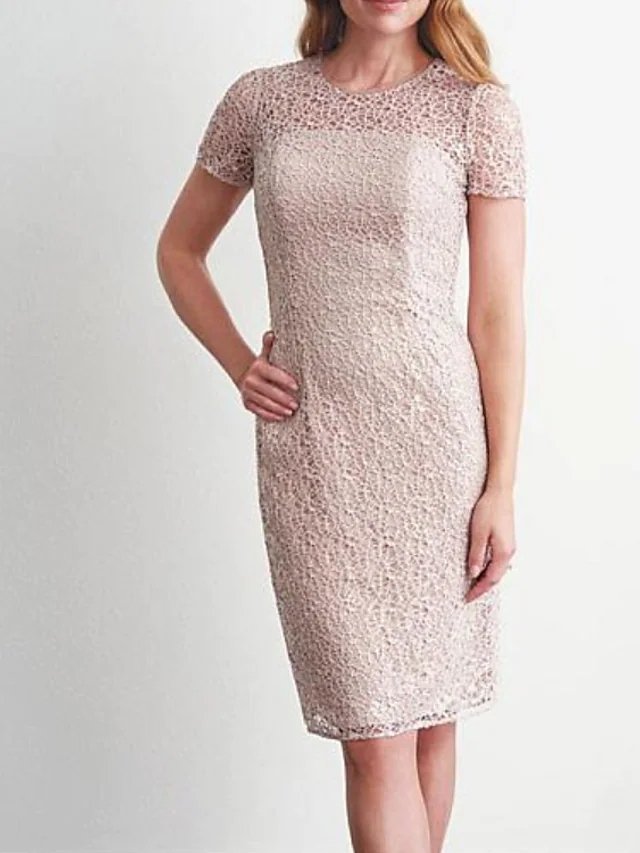 Sheath / Column Mother of the Bride Dress Elegant Jewel Neck Knee Length Lace Short Sleeve with Lace